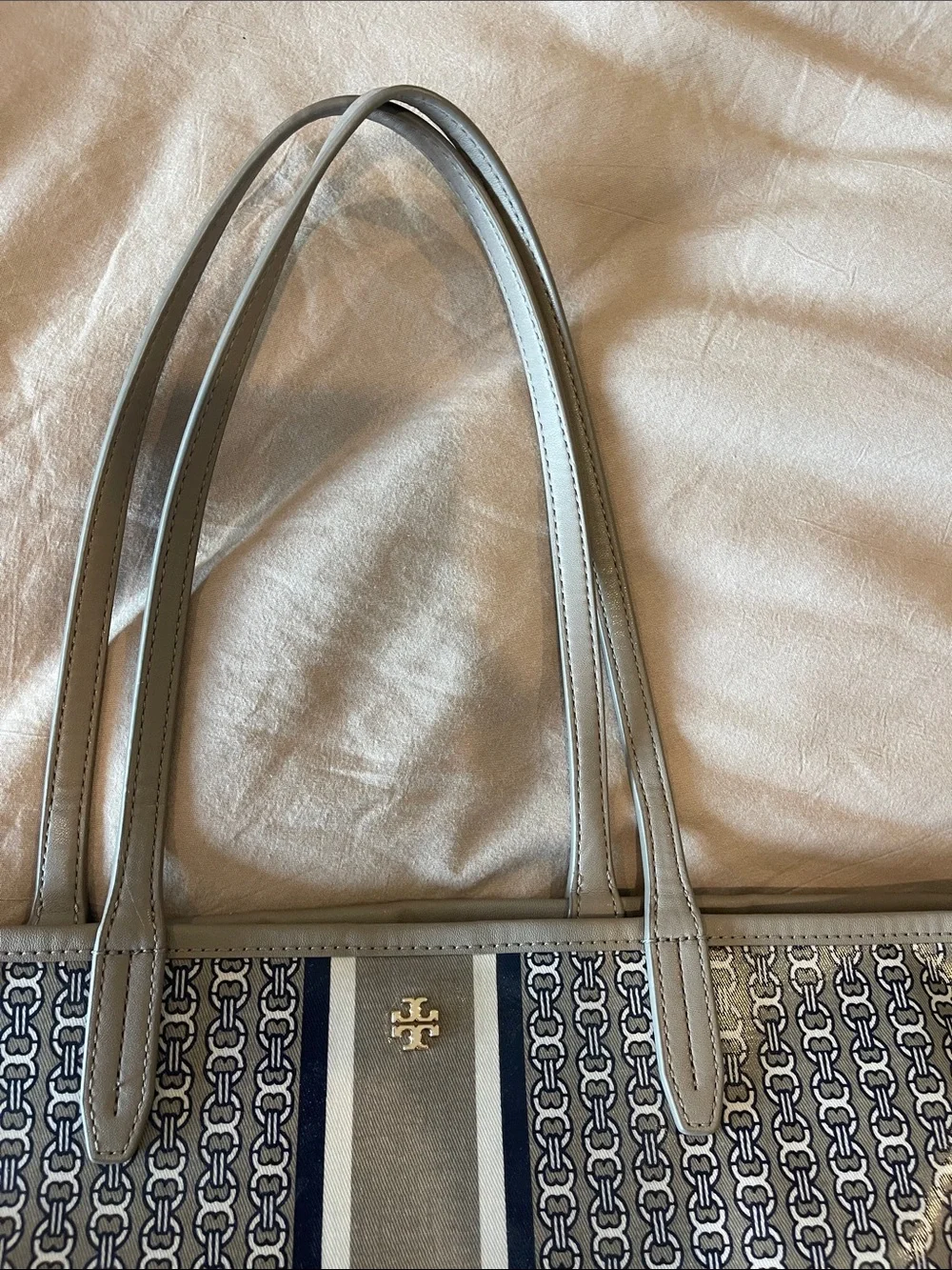 Tory Burch Navy and Gray Logo Stripe Tote with Center Stripe